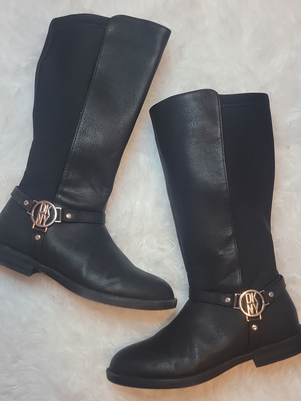 Girls DKNY Black Tall Boots with Gold Emma Harness Logo. Size 2